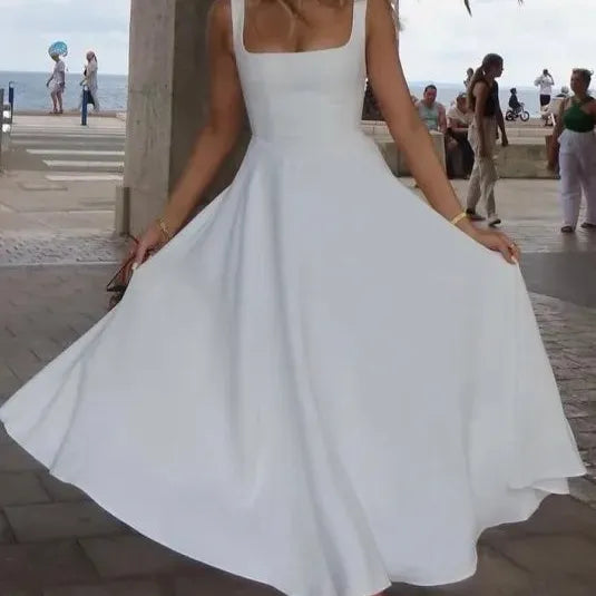 Square Neck High Waist Midi Dress