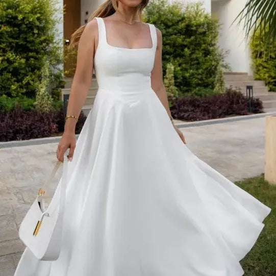 Square Neck High Waist Midi Dress