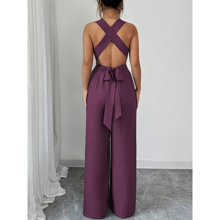 Halter V-Neck Ruched Wide-Leg Jumpsuit