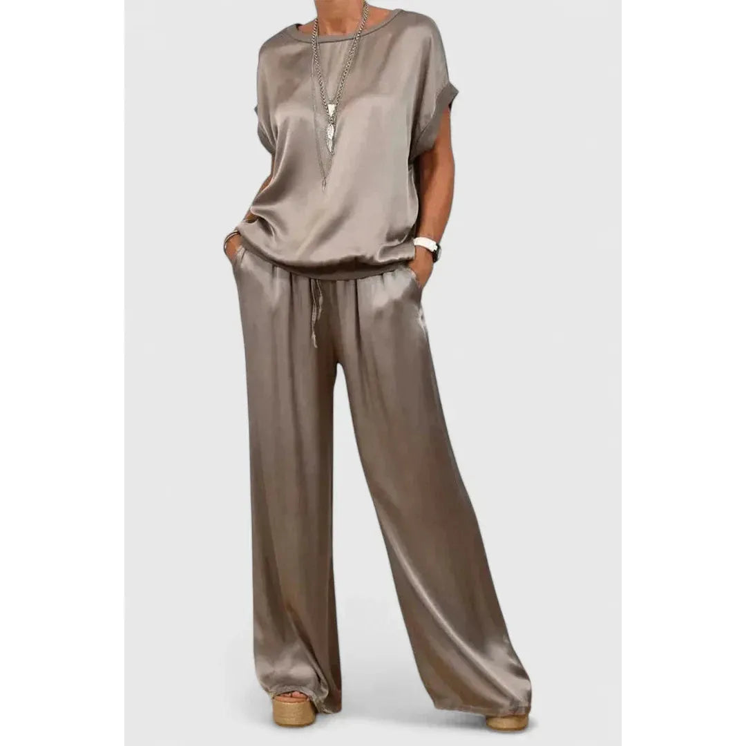Satin-Look Batwing Top And Wide-Leg Trouser Set