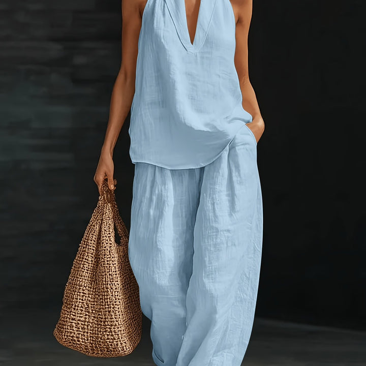 Halter V-Neck Backless Top And Wide-Leg Pants Set