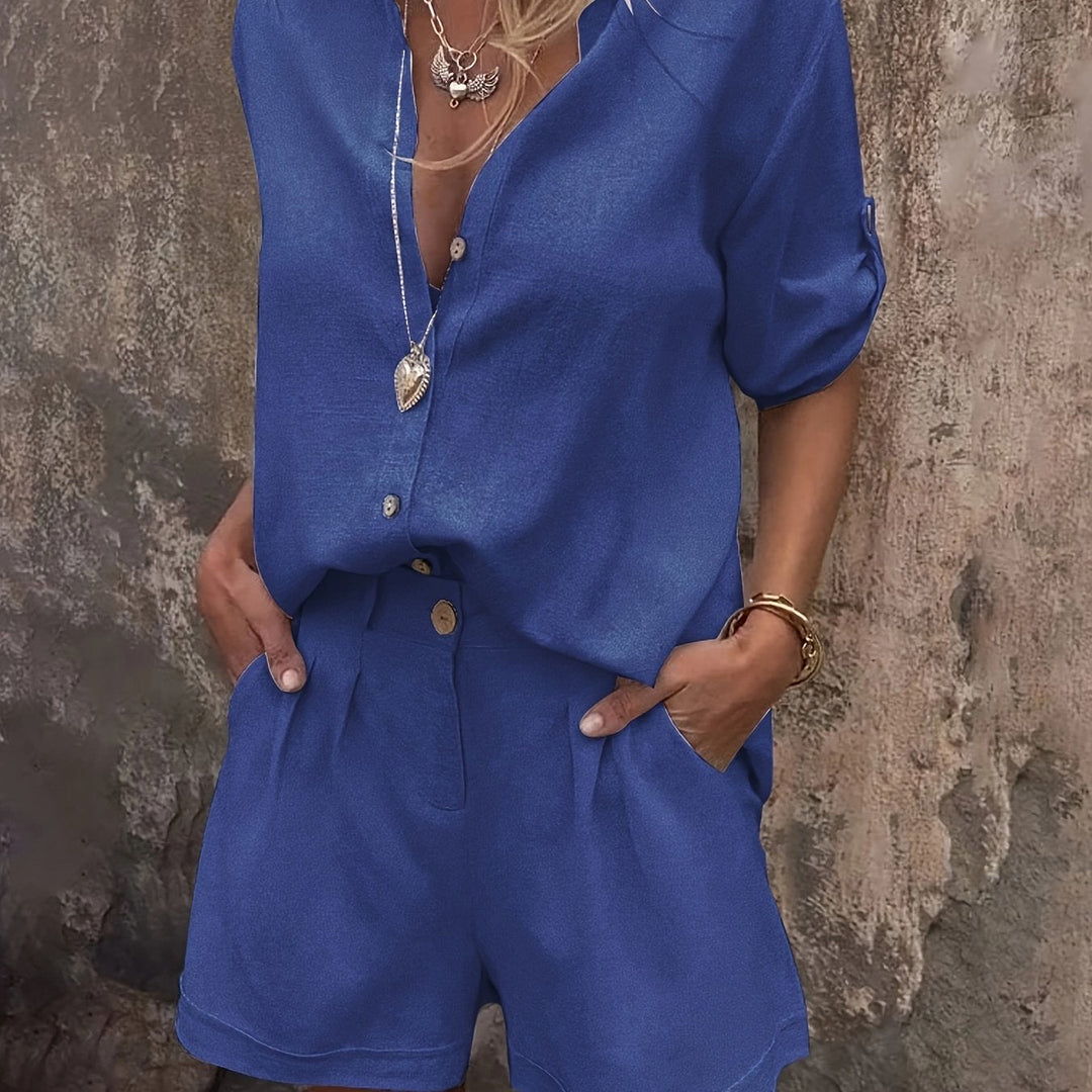 Shimmer-Look Collared Top And Shorts Set