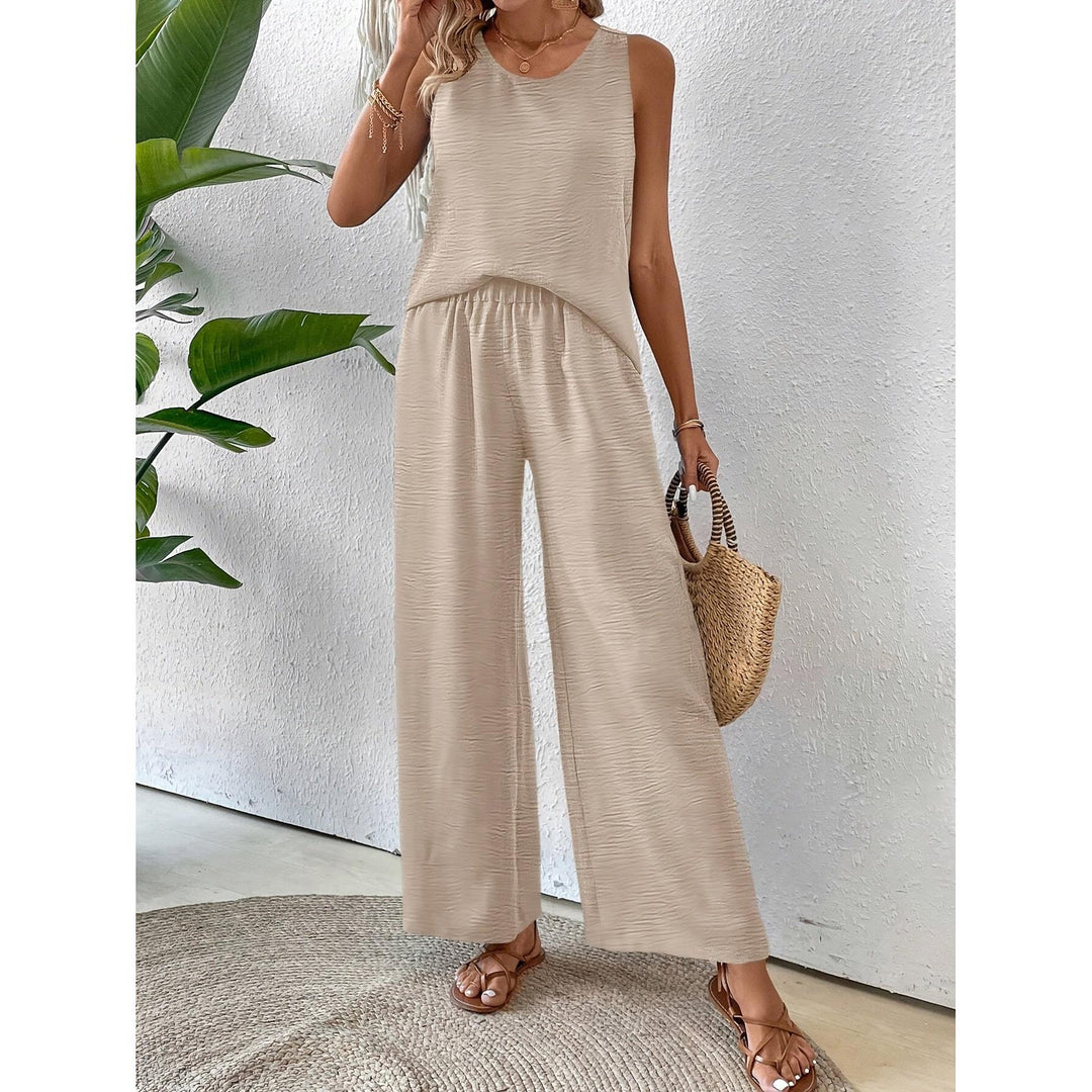 Crochet Back Sleeveless Top And Wide-Leg Pants Set