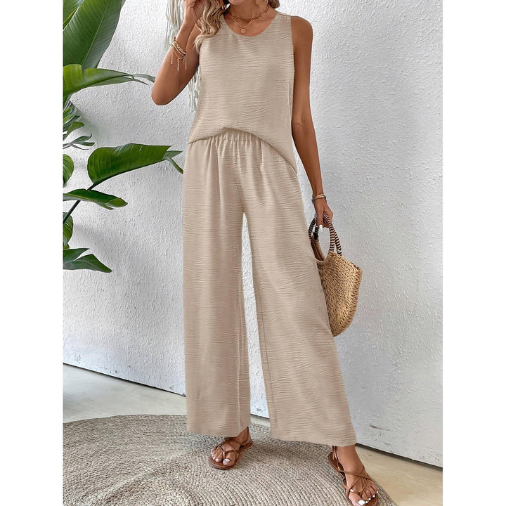 Crochet Back Sleeveless Top And Wide-Leg Pants Set