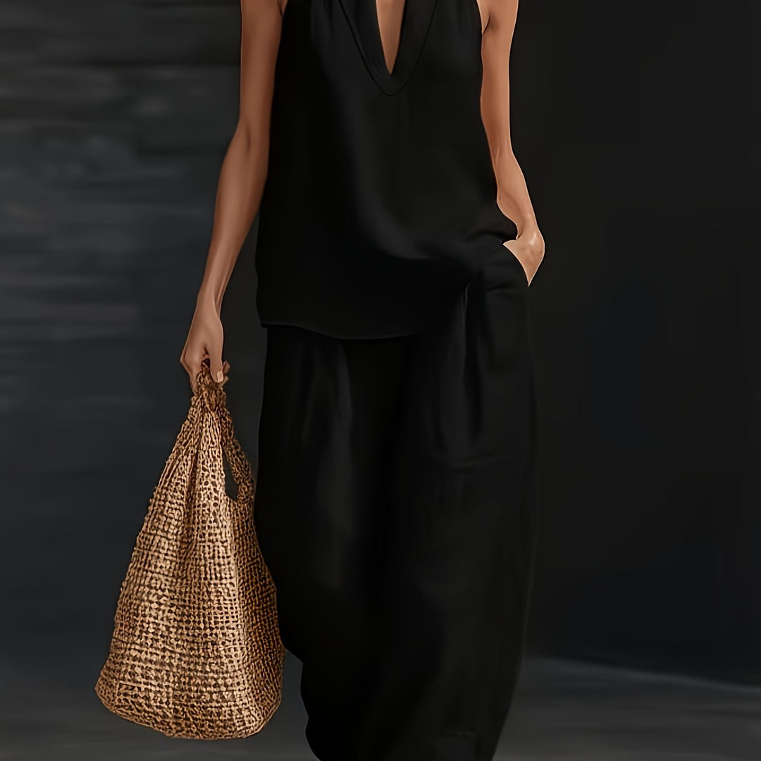 Halter V-Neck Backless Top And Wide-Leg Pants Set