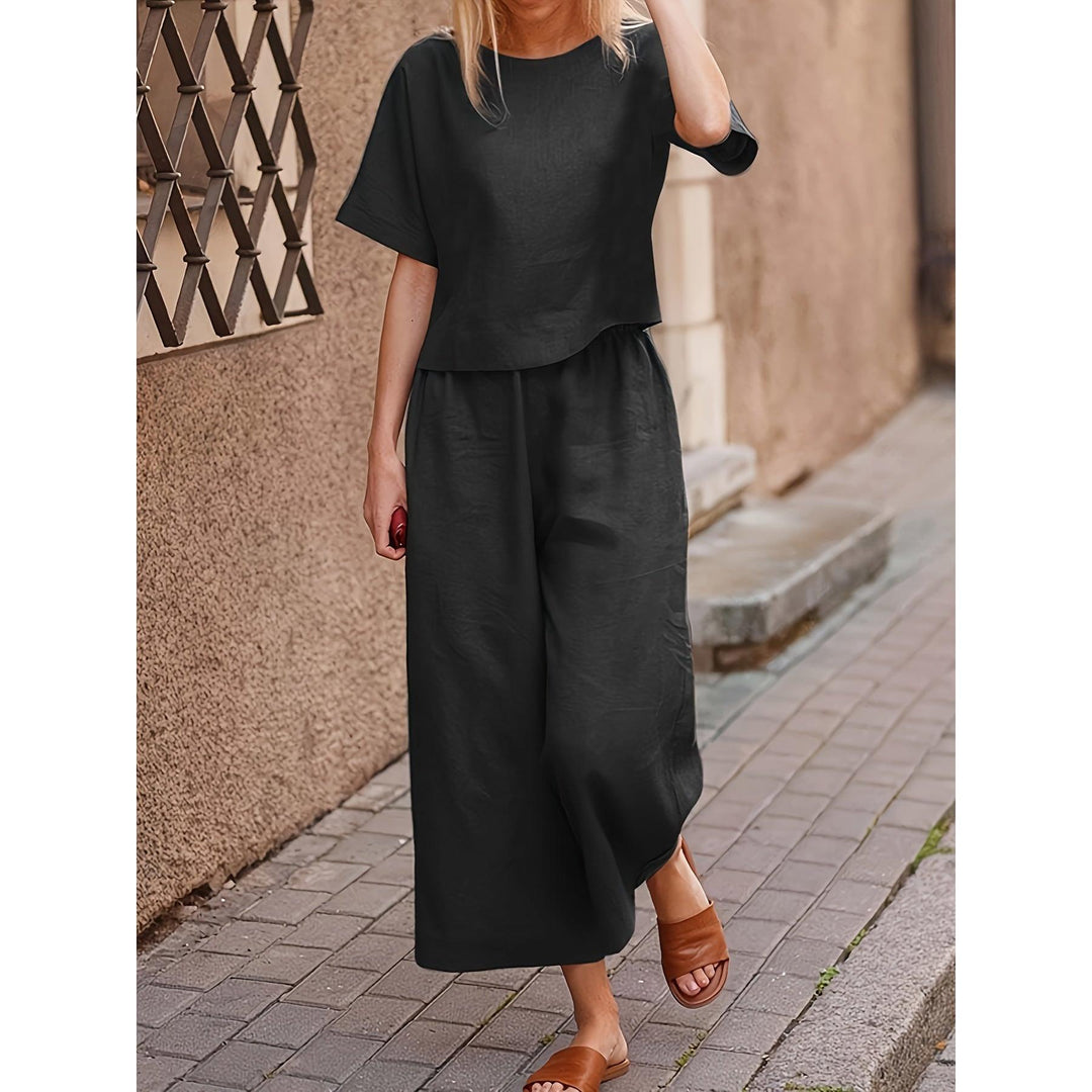 Crew Neck Short Sleeve Top And Wide-Leg Pants Set
