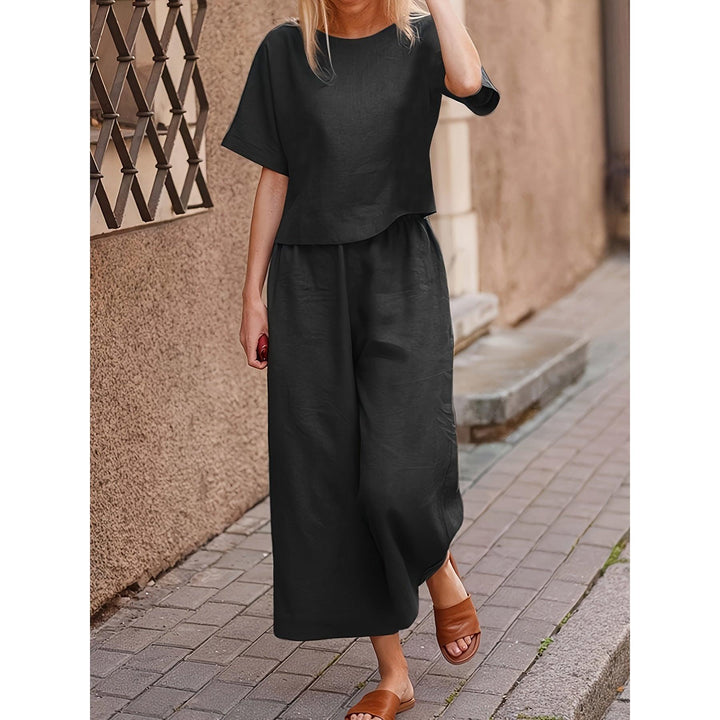 Crew Neck Short Sleeve Top And Wide-Leg Pants Set