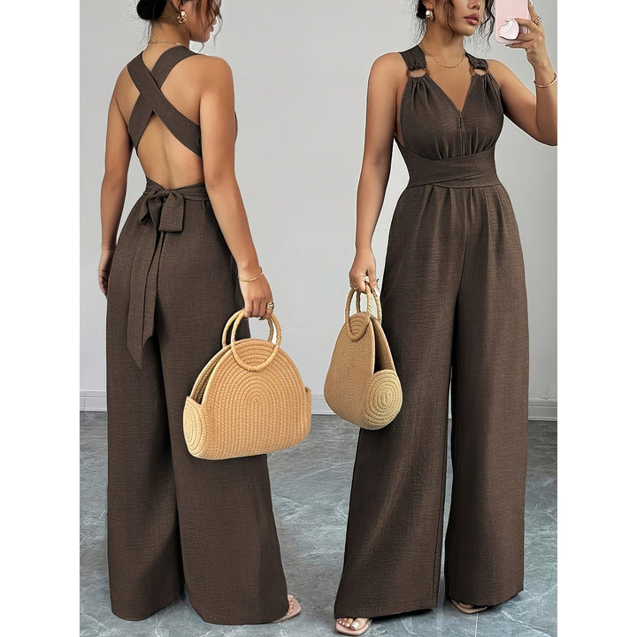 Halter V-Neck Ruched Wide-Leg Jumpsuit