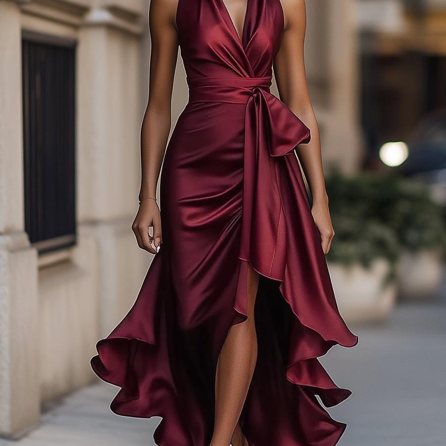Ruched Satin-Look Maxi Gown