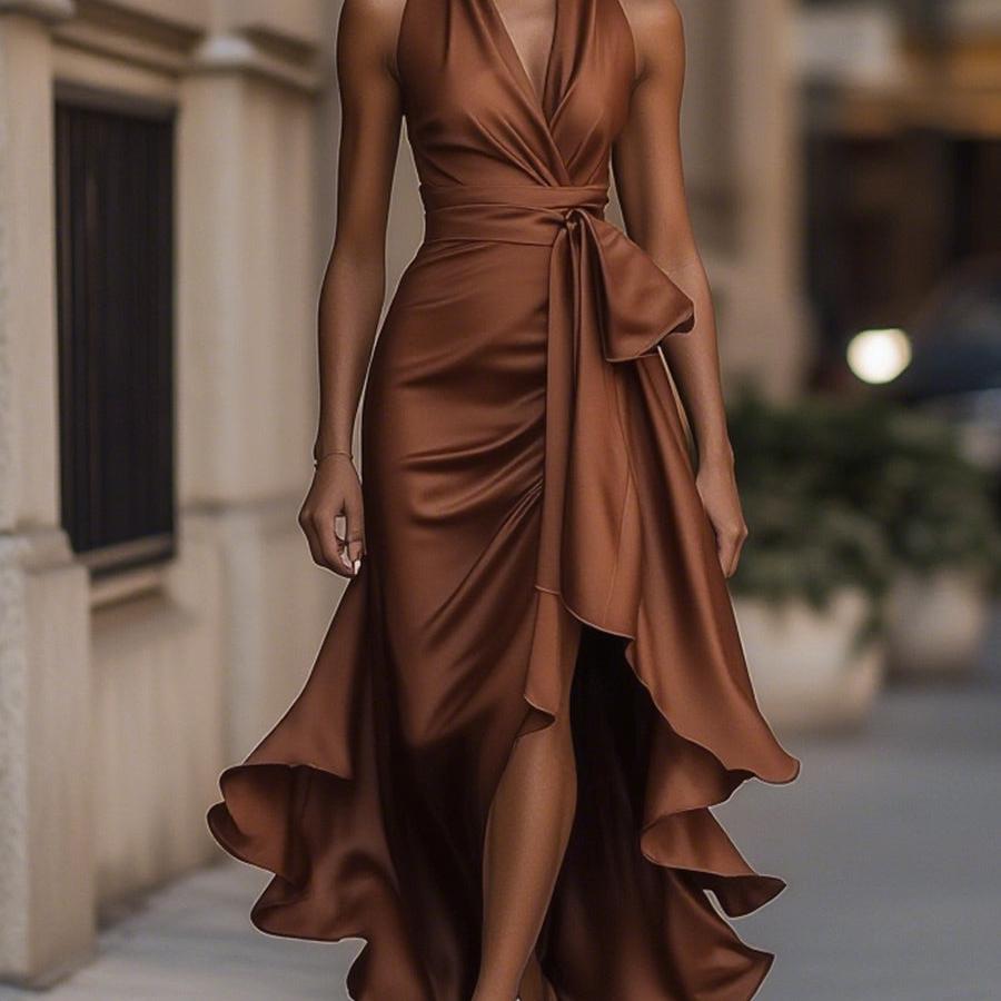 Ruched Satin-Look Maxi Gown