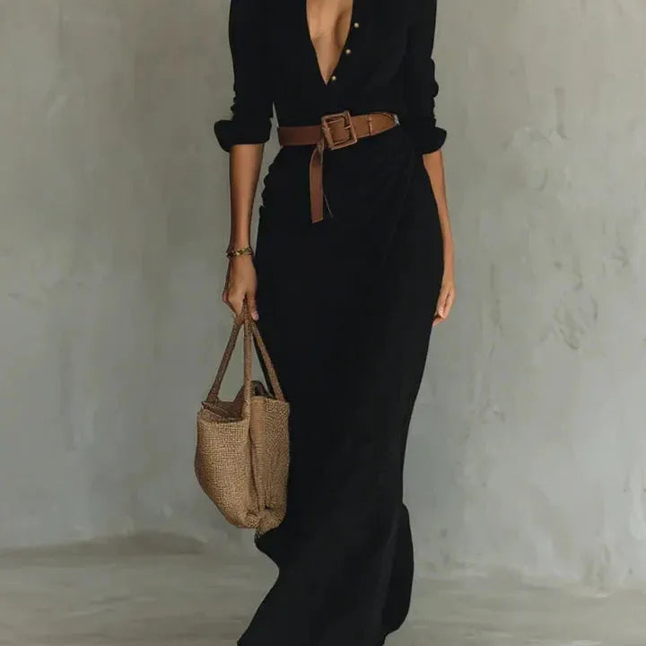 Long Sleeve Belted Shirt Collar Dress
