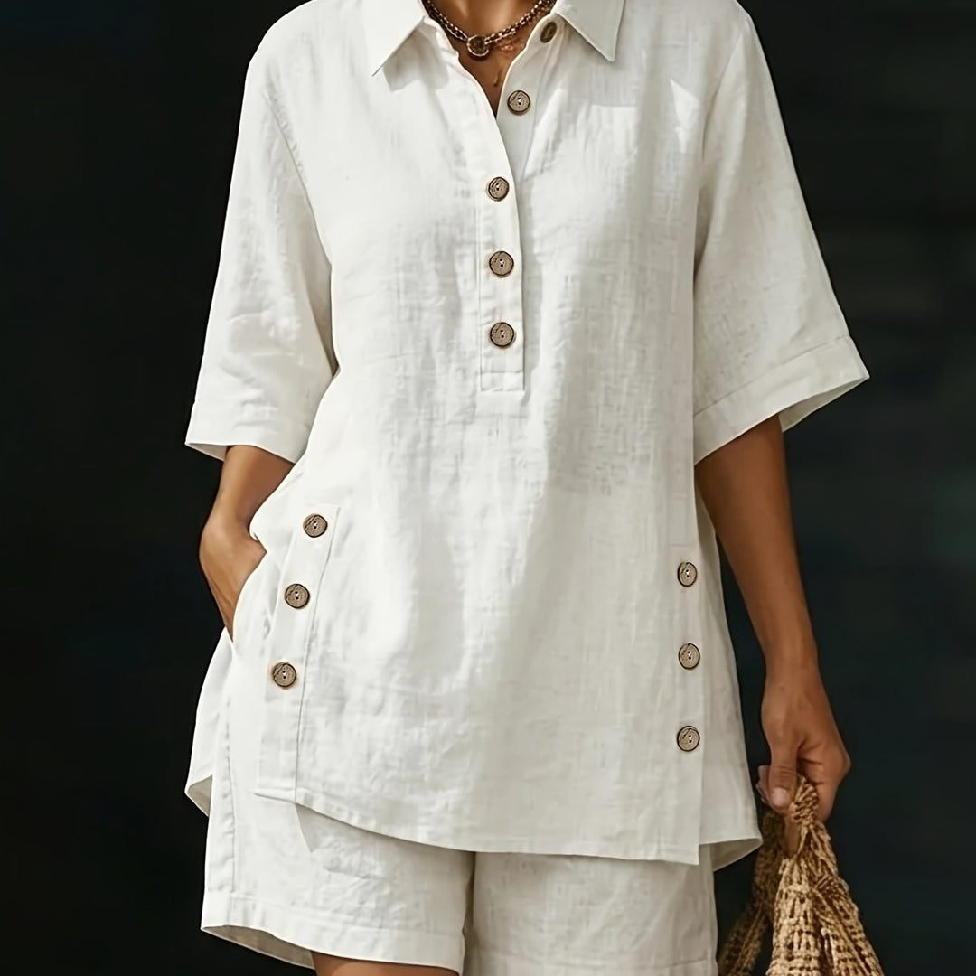 Button Detail Collared Top And Shorts Set