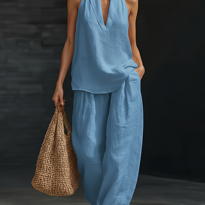 Halter V-Neck Backless Top And Wide-Leg Pants Set