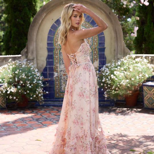 Halter Corset Gown with Pearls and Ruffle Hem