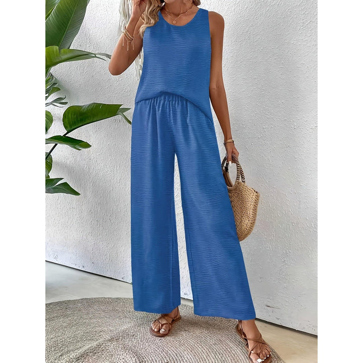 Crochet Back Sleeveless Top And Wide-Leg Pants Set