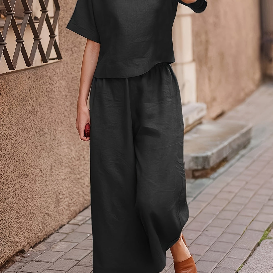 Crew Neck Short Sleeve Top And Wide-Leg Pants Set
