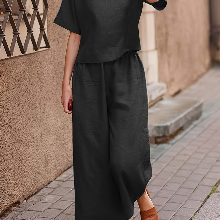 Crew Neck Short Sleeve Top And Wide-Leg Pants Set