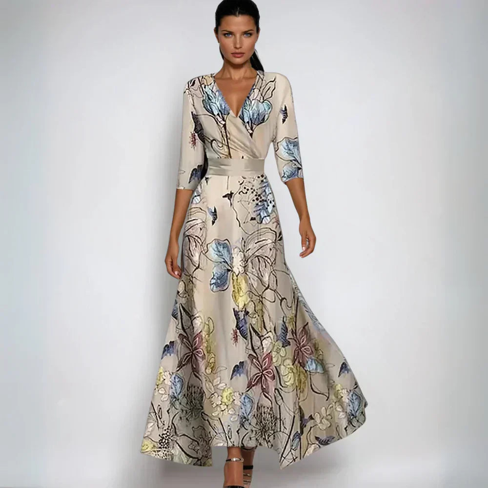 Floral Print V-Neck Wrap Maxi Dress with 3/4 Sleeves