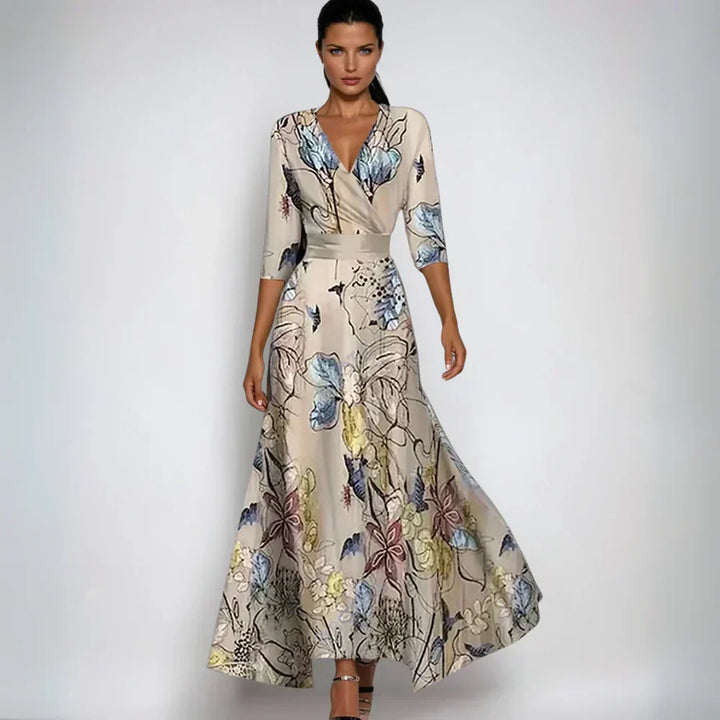Floral Print V-Neck Wrap Maxi Dress with 3/4 Sleeves