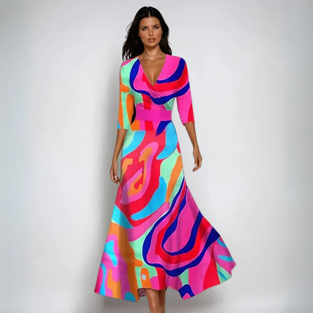 Floral Print V-Neck Wrap Maxi Dress with 3/4 Sleeves