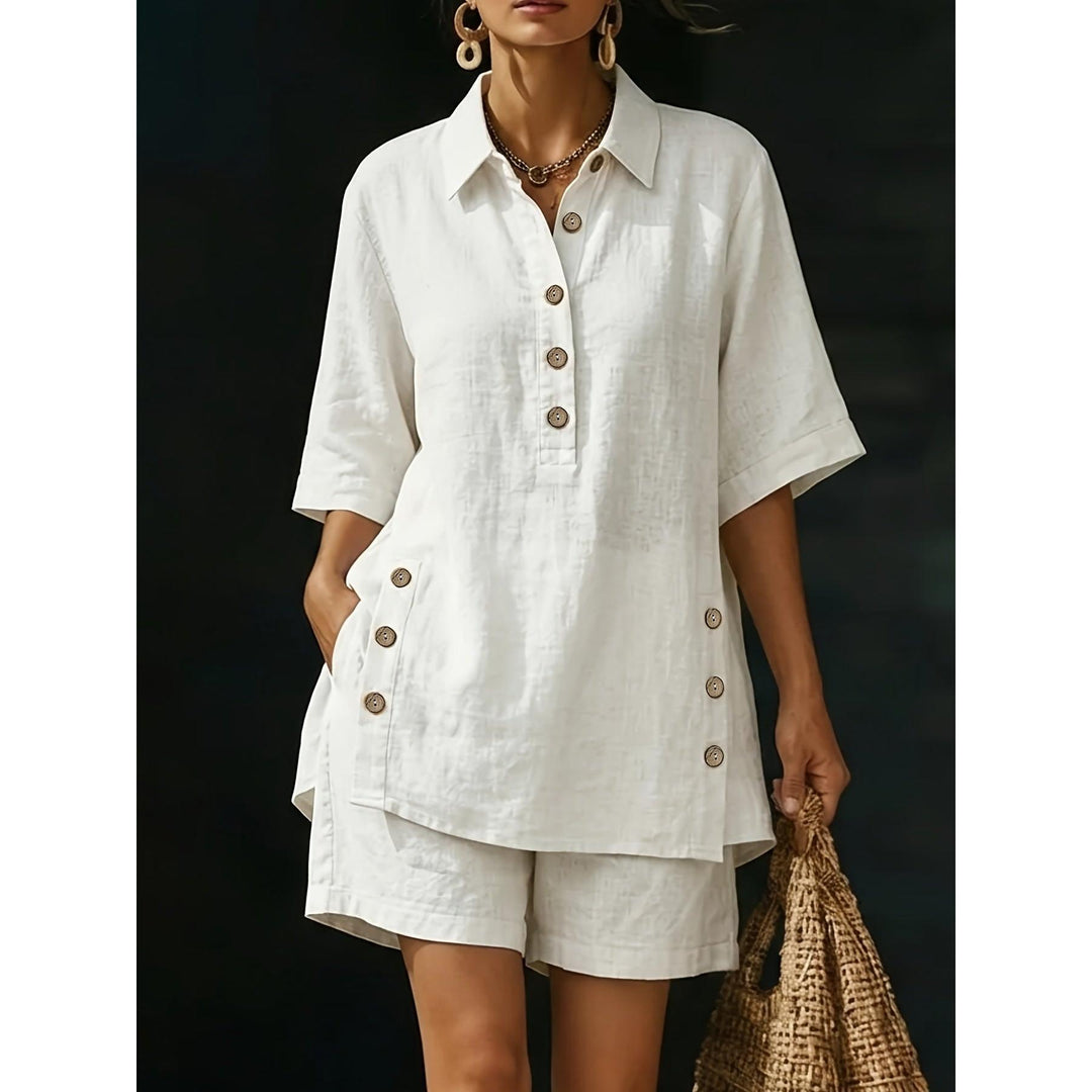 Button Detail Collared Top And Shorts Set