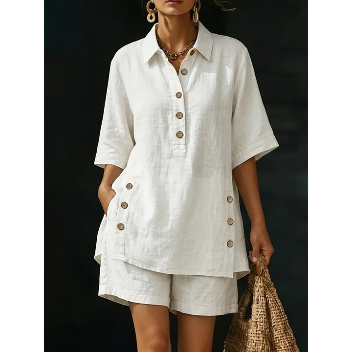 Button Detail Collared Top And Shorts Set