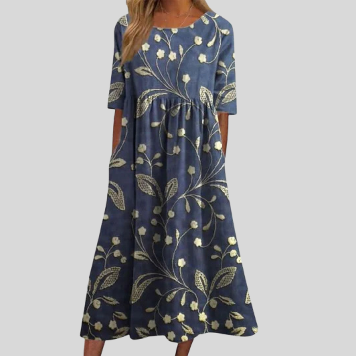 Floral Print Empire Waist Midi Dress with Pockets