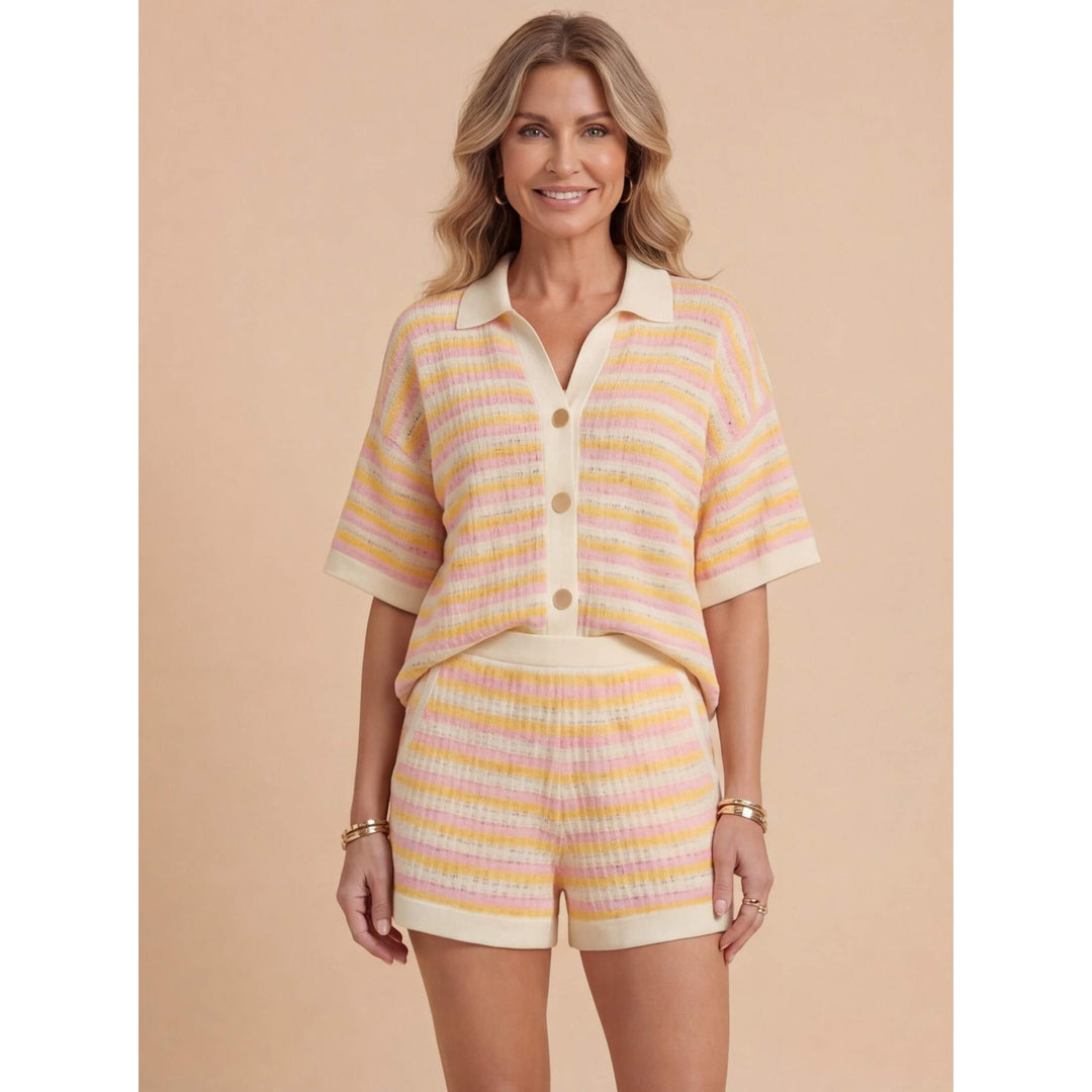 Striped Knit-Look Polo And Shorts Set