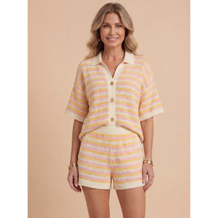 Striped Knit-Look Polo And Shorts Set