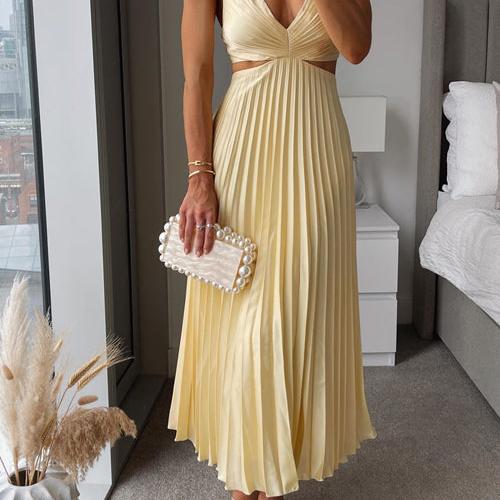 Satin-Look V Neck Midi Dress with Side Cutouts