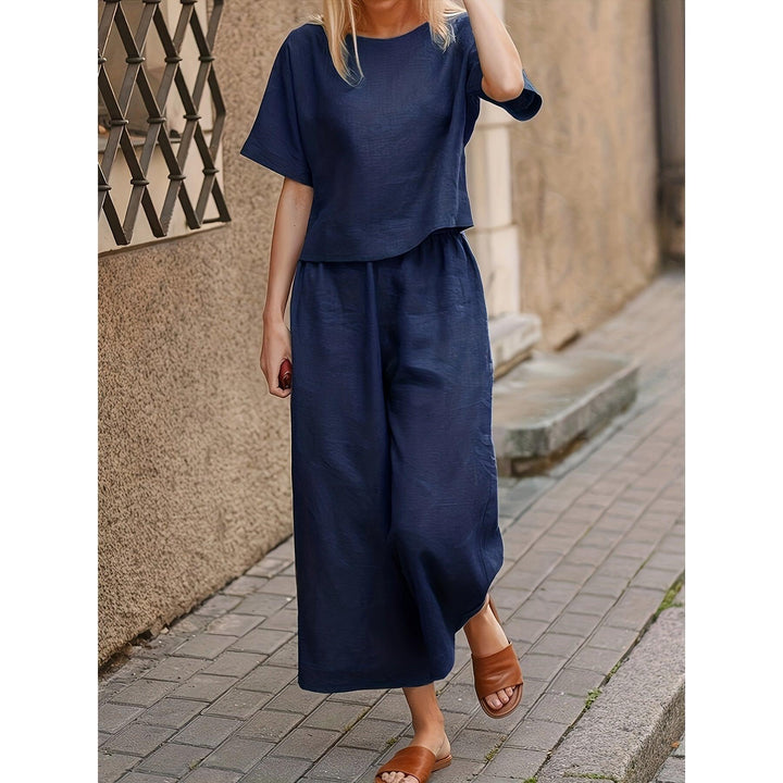 Crew Neck Short Sleeve Top And Wide-Leg Pants Set