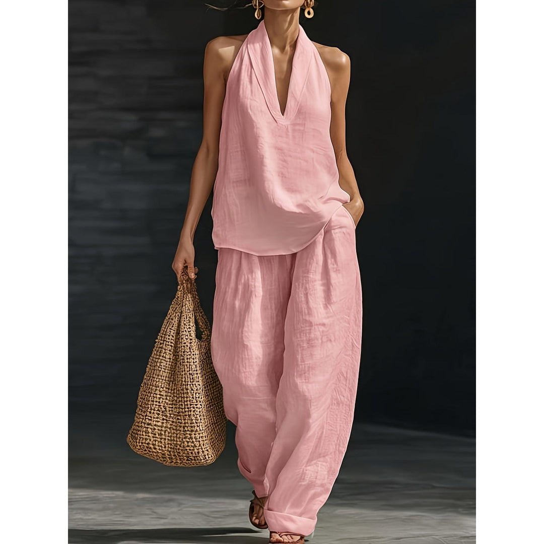 Halter V-Neck Backless Top And Wide-Leg Pants Set