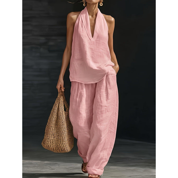 Halter V-Neck Backless Top And Wide-Leg Pants Set