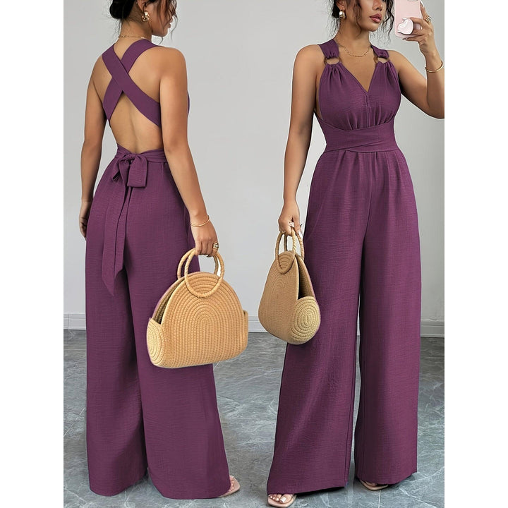 Halter V-Neck Ruched Wide-Leg Jumpsuit