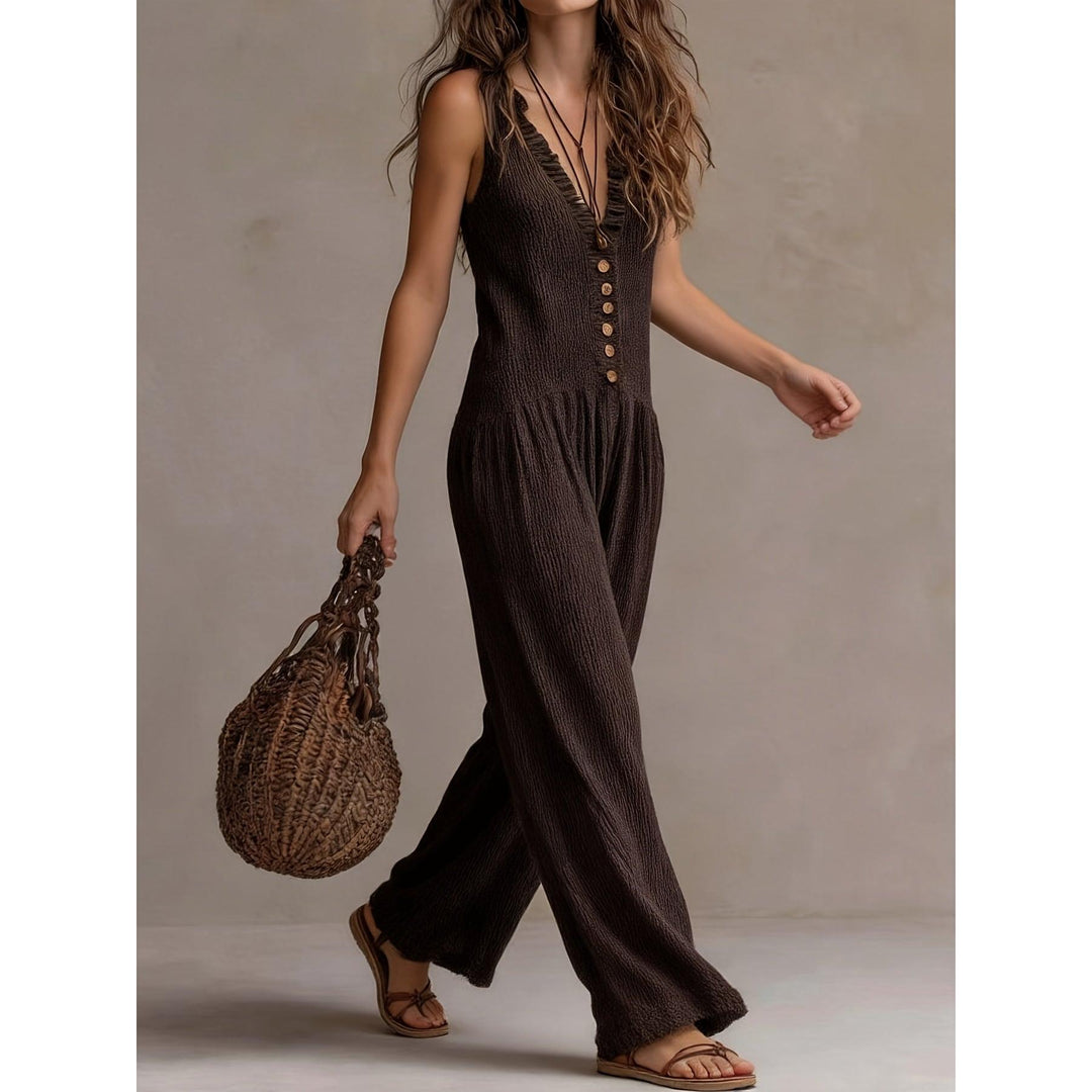 Ruffle V-Neck Smocked Wide-Leg Jumpsuit