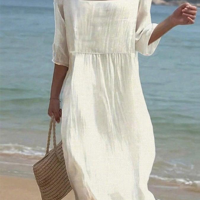 Three Quarter Sleeves Square Neck Shift Dress