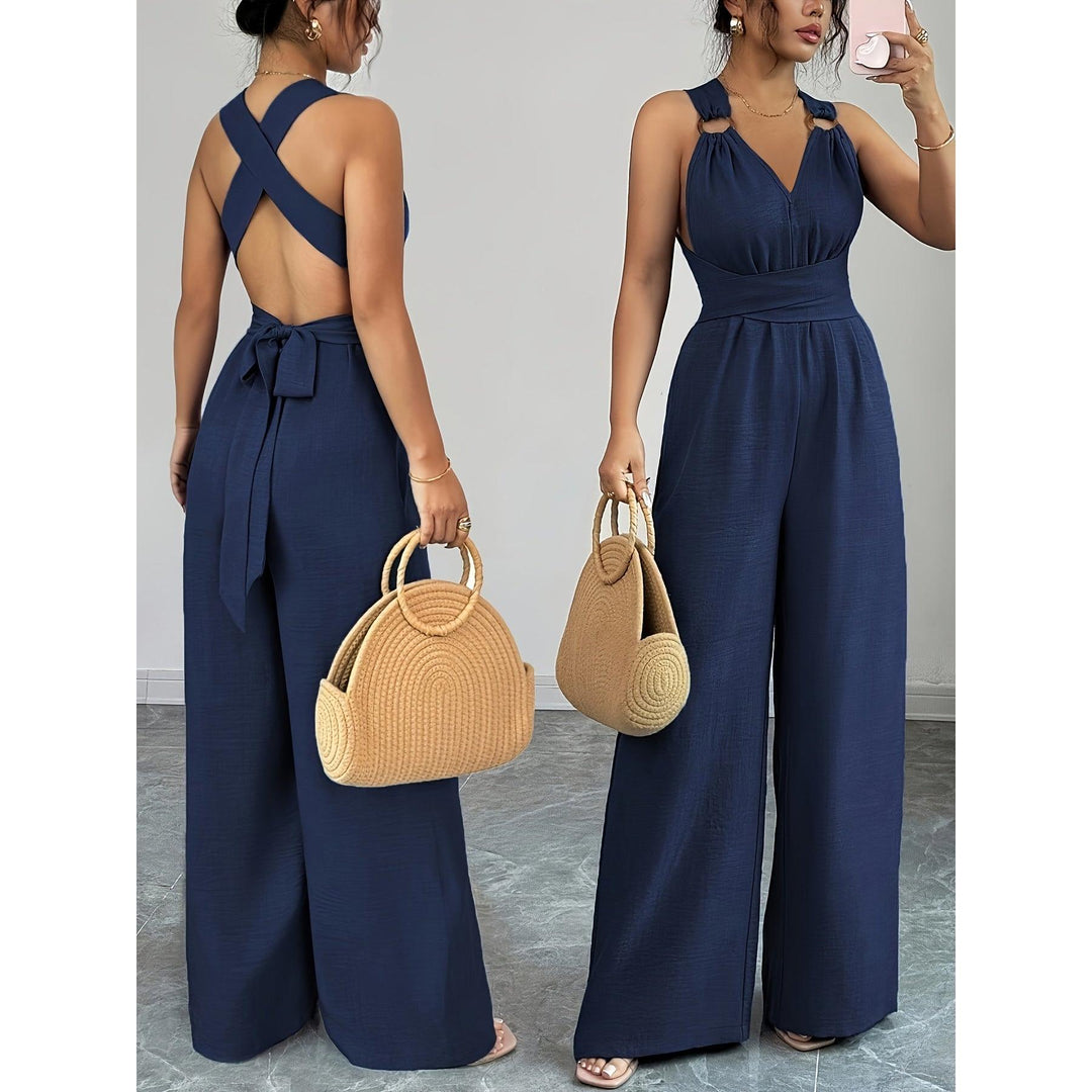 Halter V-Neck Ruched Wide-Leg Jumpsuit
