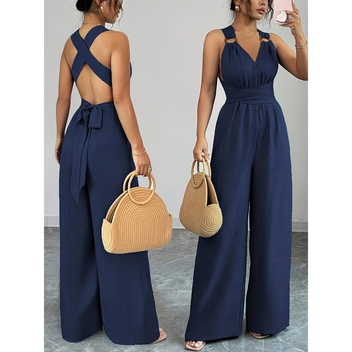 Halter V-Neck Ruched Wide-Leg Jumpsuit