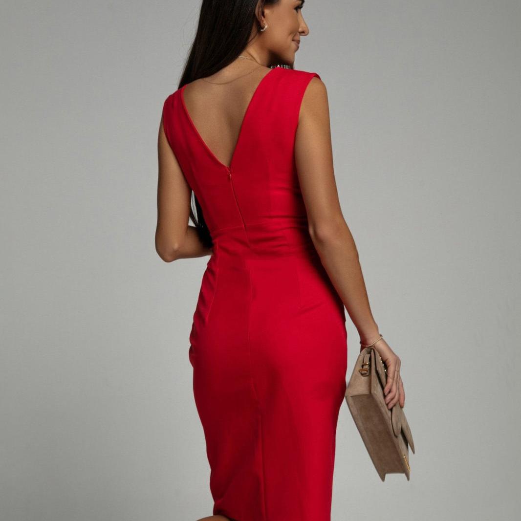 Ruched Wrap Style Midi Dress with Slit