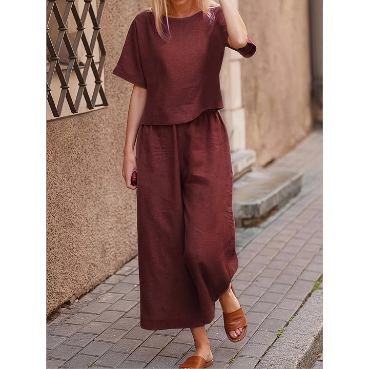 Crew Neck Short Sleeve Top And Wide-Leg Pants Set