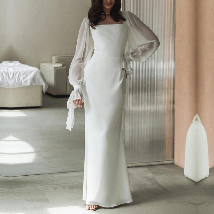 Square Neck Puff Sleeve Evening Dress