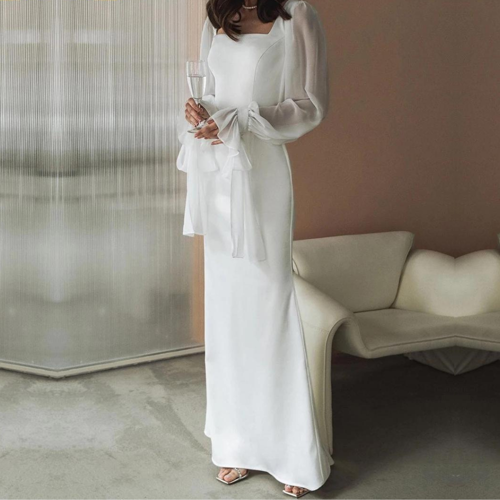 Square Neck Puff Sleeve Evening Dress