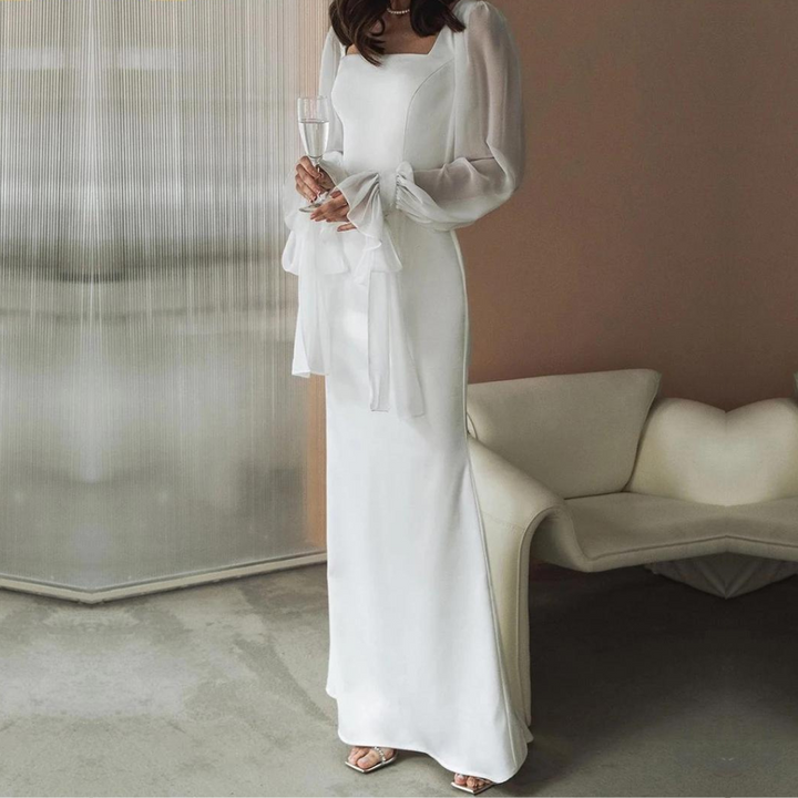 Square Neck Puff Sleeve Evening Dress