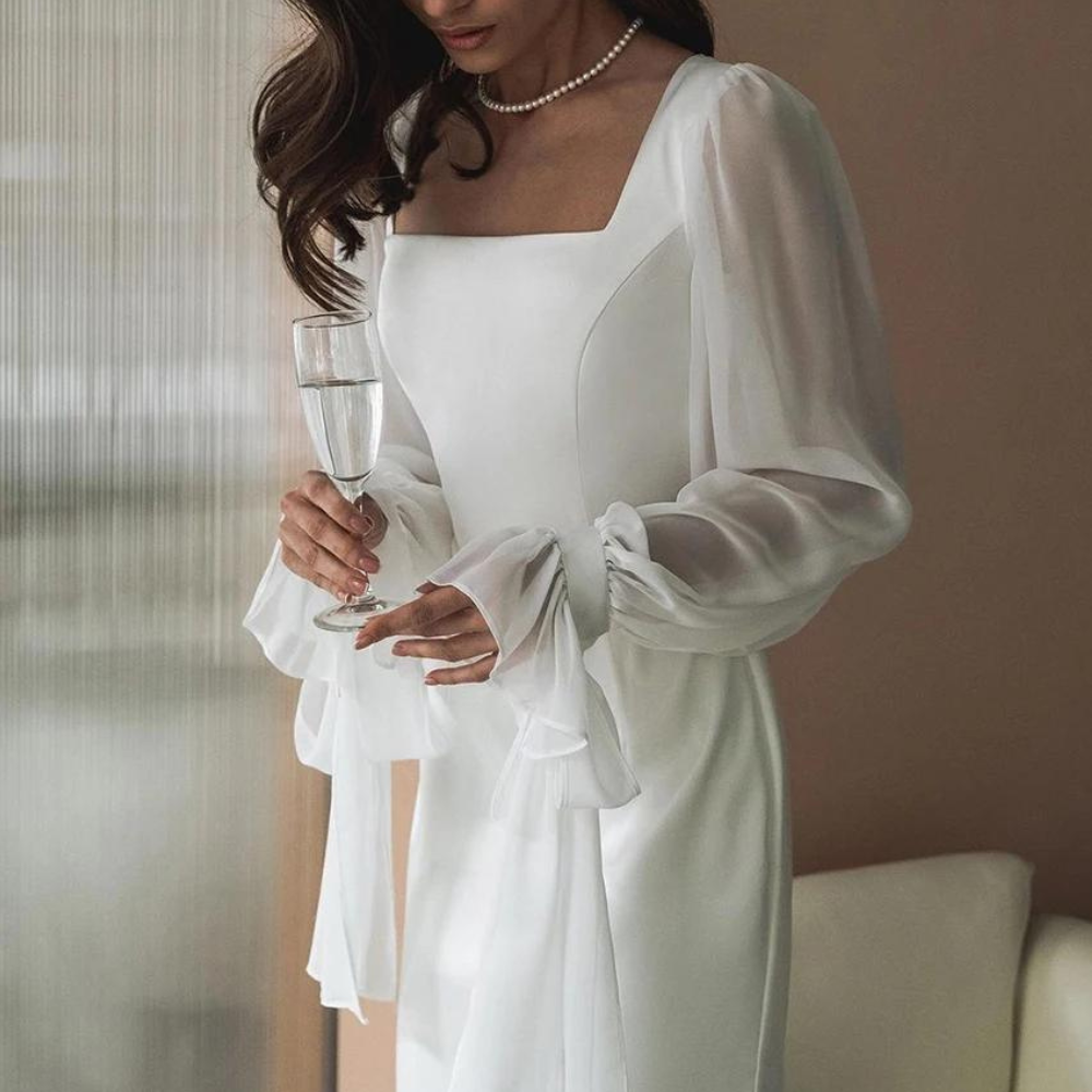 Square Neck Puff Sleeve Evening Dress