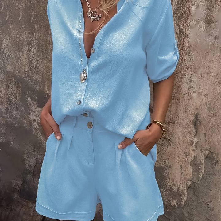 Shimmer-Look Collared Top And Shorts Set