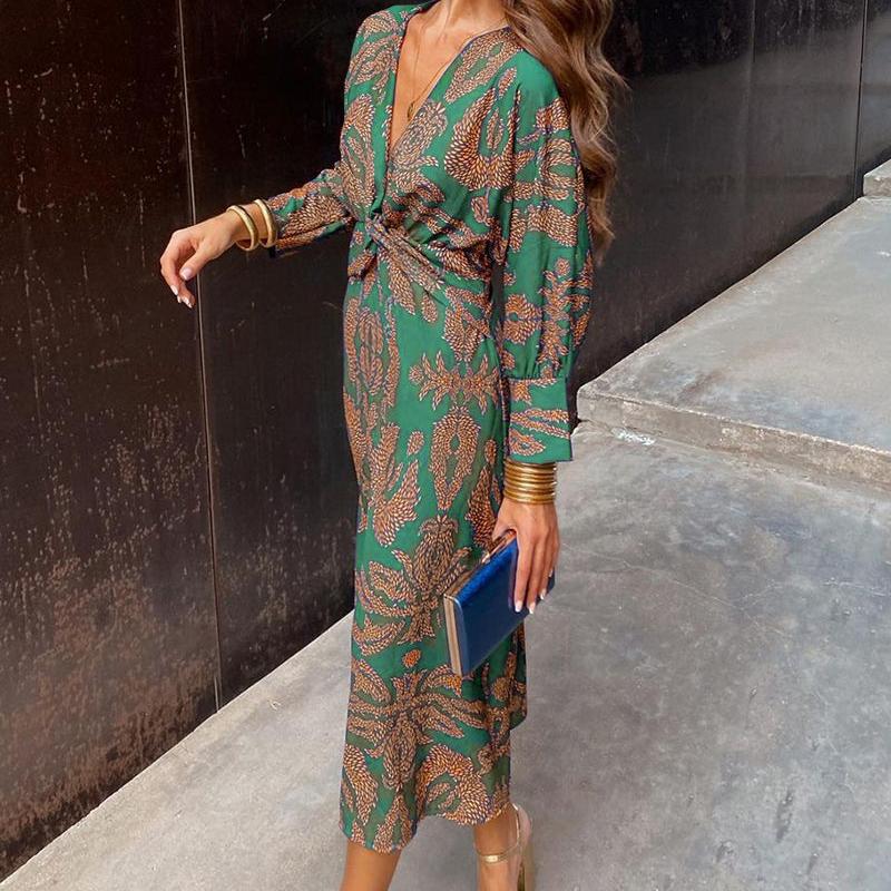 V-Neck Long Sleeve Midi Dress