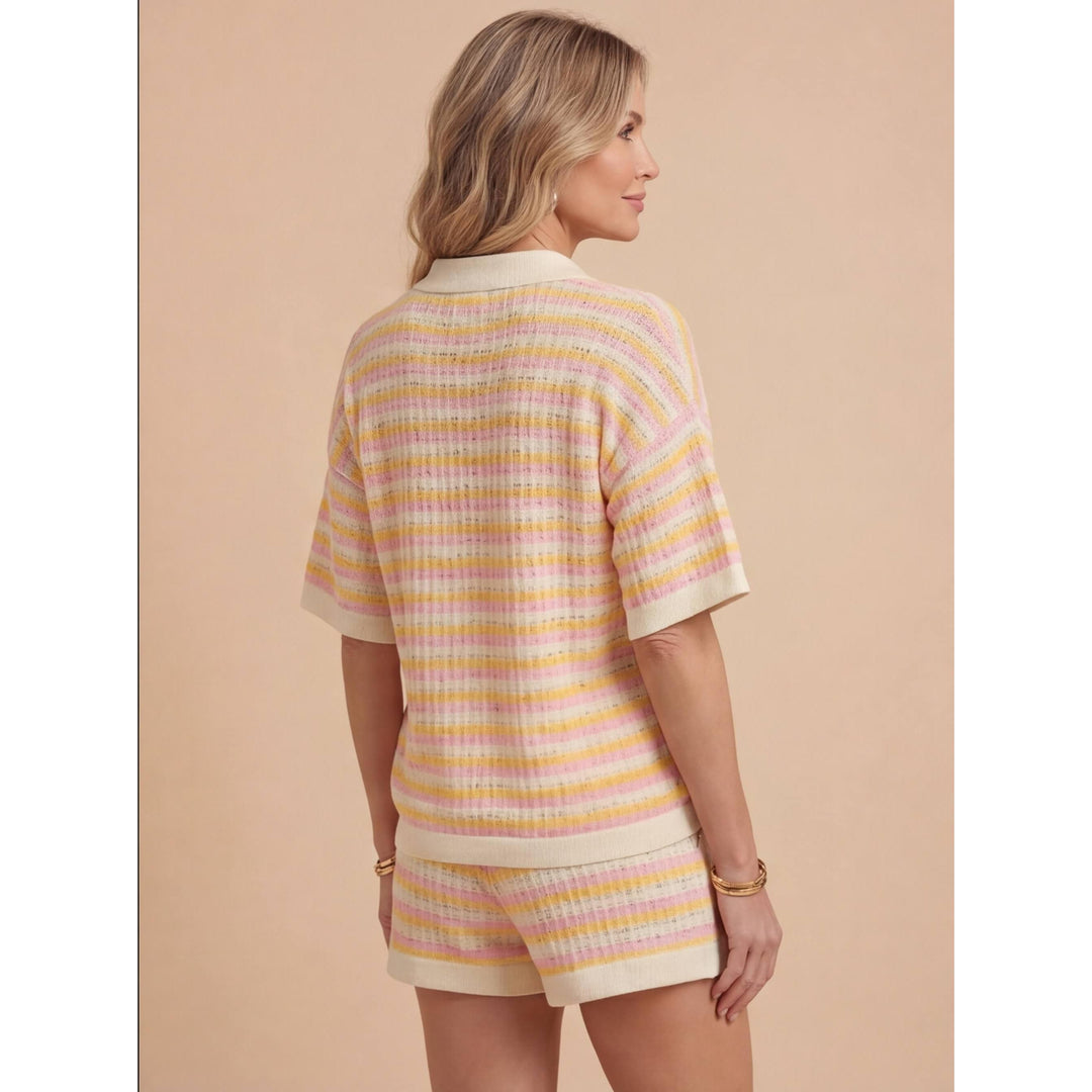 Striped Knit-Look Polo And Shorts Set