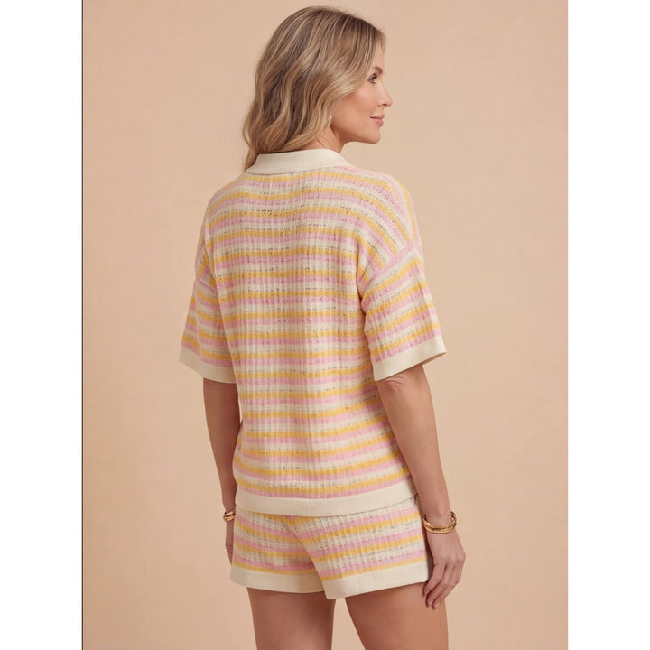Striped Knit-Look Polo And Shorts Set