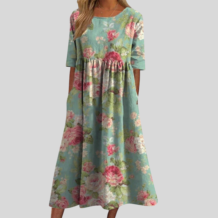 Floral Print Empire Waist Midi Dress with Pockets