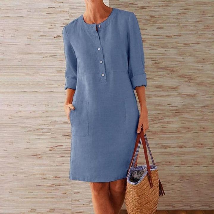 Button-Front Shift Dress with Side Pockets
